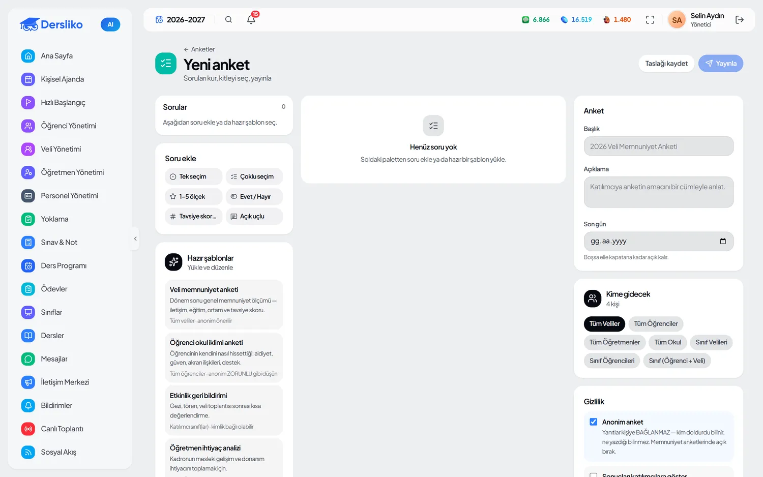 Müdür paneli — Yeni anket