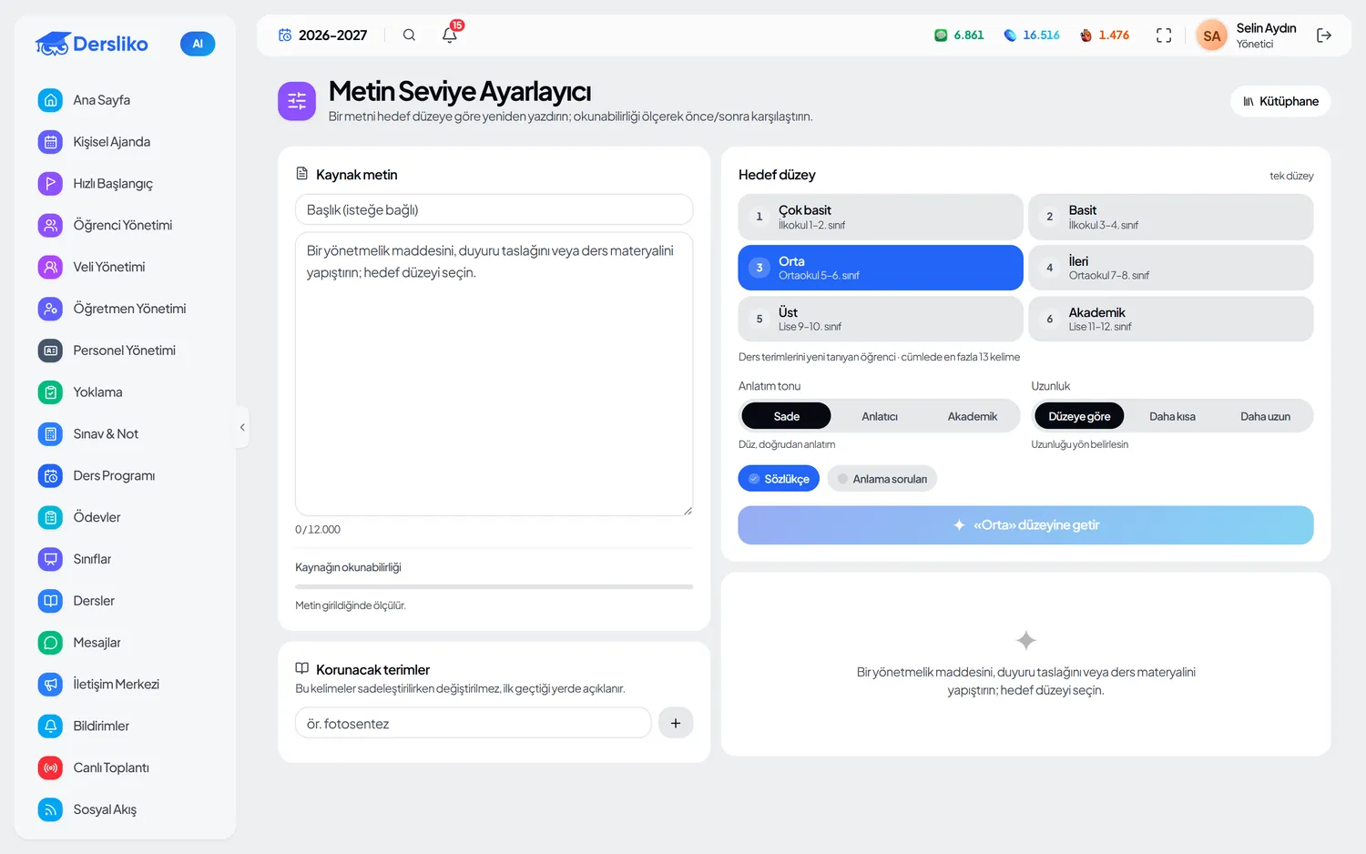 Müdür paneli — Metin Seviye Ayarlayıcı